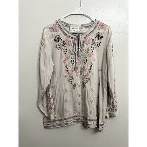 Paparazzi Johnny Style Gray Top  Floral Embroidrd Flowy Oversize Blouse Tunic S